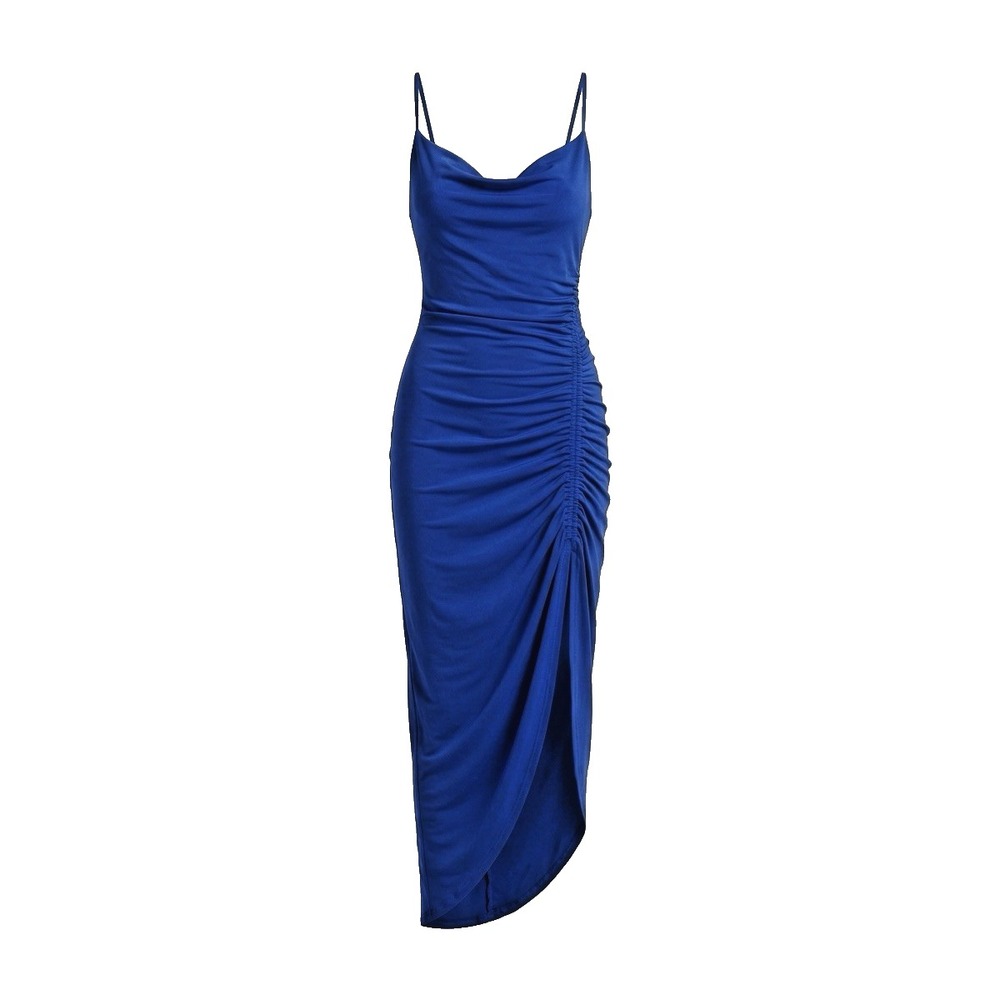 JLUXLABEL Royal Blue Cowl Neck Ruched Asymmetric Midi Dress Medium M NWT Sexy